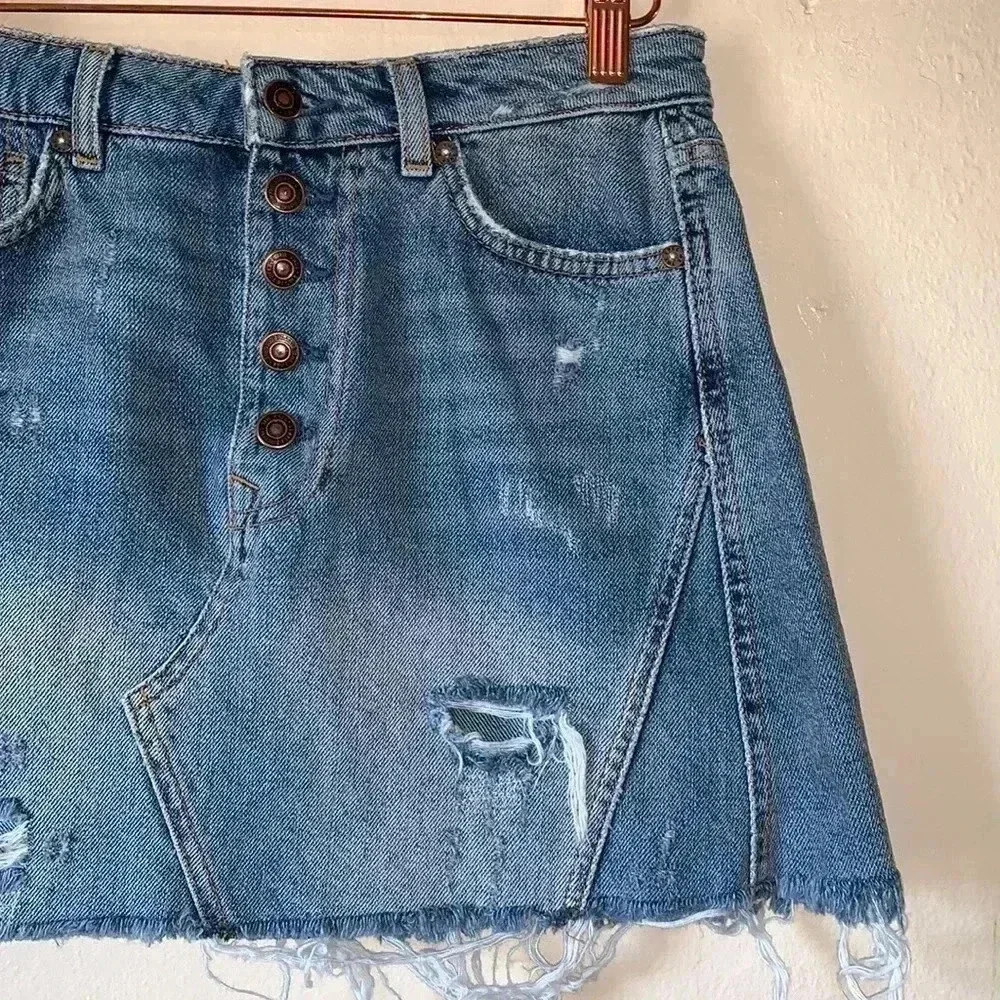 Free People Distressed Raw Hem Denim A-Line Skirt Size 27